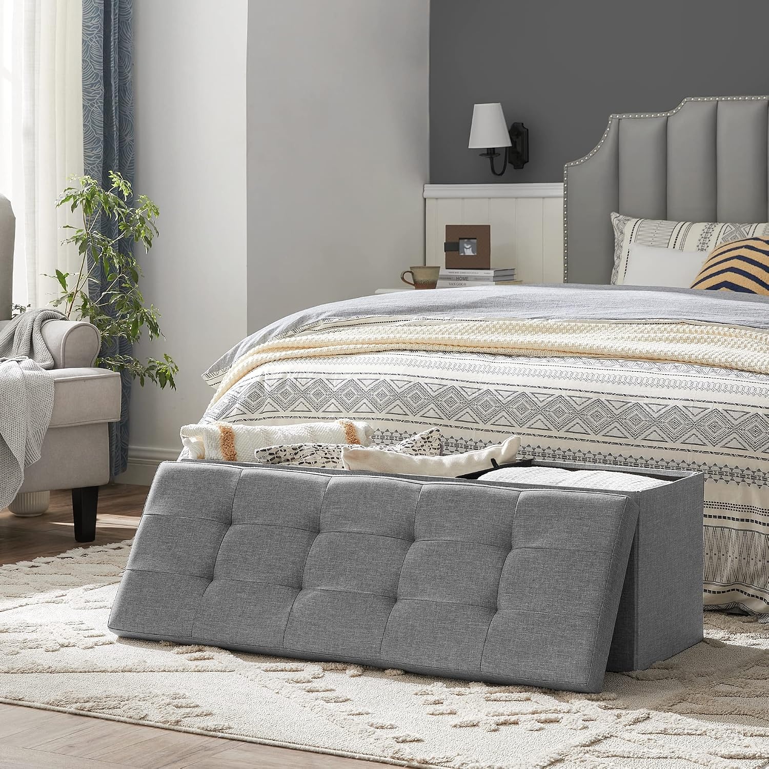 image:imageSONGMICS Tufted Folding Storage Ottoman Bench Set of 2 433 InchesLight Gray