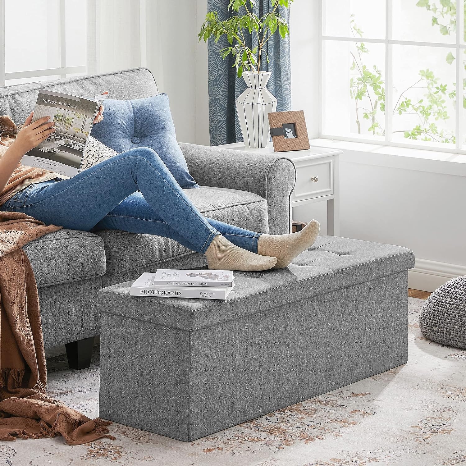 image:imageSONGMICS Tufted Folding Storage Ottoman Bench Set of 2 433 InchesLight Gray