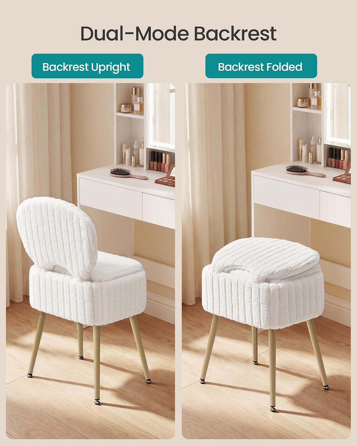 image:imageSONGMICS Vanity Chair Makeup Stool with Folding BackrestCream White