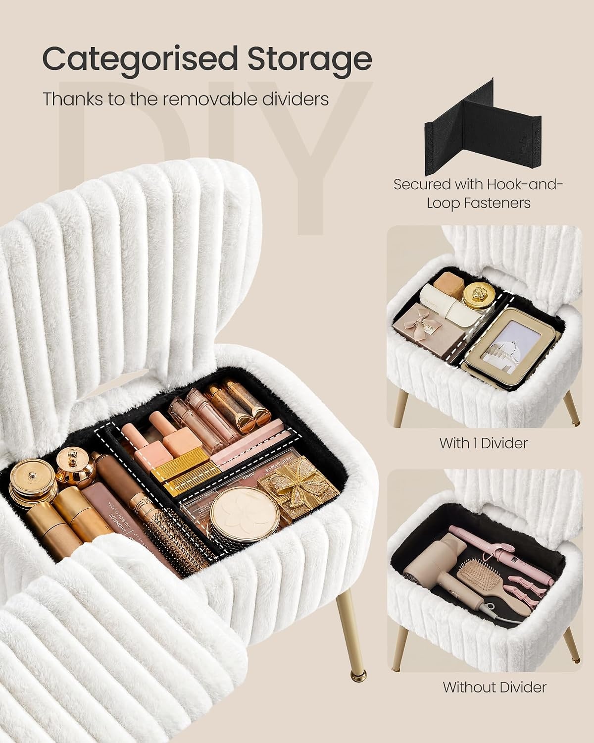 image:imageSONGMICS Vanity Chair Makeup Stool with Folding BackrestCream White