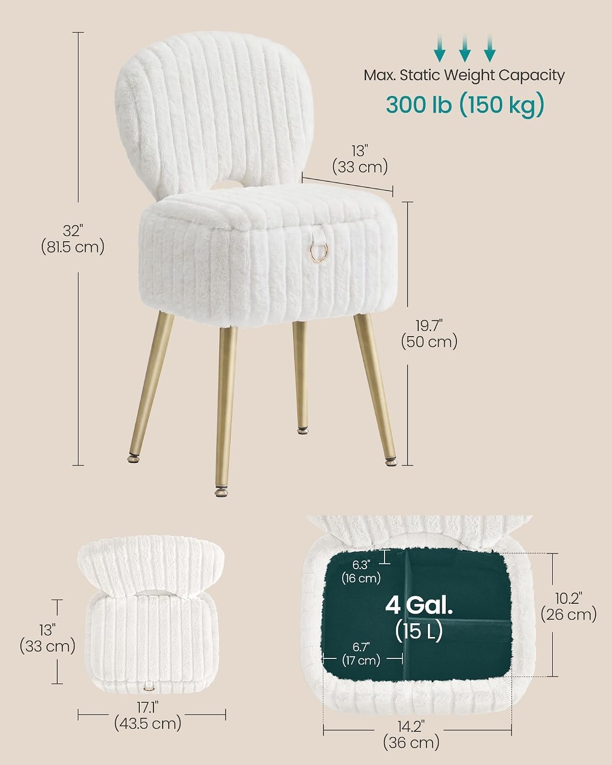 image:imageSONGMICS Vanity Chair Makeup Stool with Folding BackrestCream White