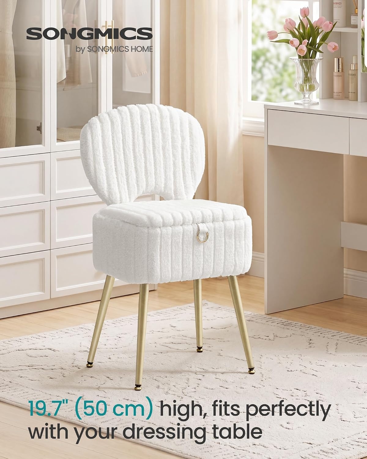 image:imageSONGMICS Vanity Chair Makeup Stool with Folding BackrestCream White