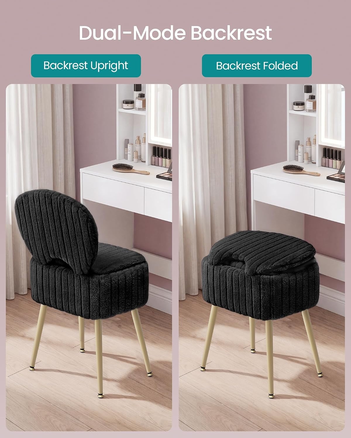 image:imageSONGMICS Vanity Chair Makeup Stool with Folding BackrestInk Black