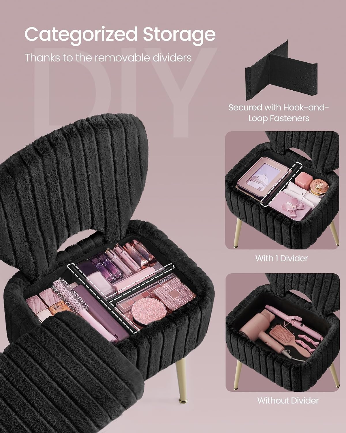 image:imageSONGMICS Vanity Chair Makeup Stool with Folding BackrestInk Black