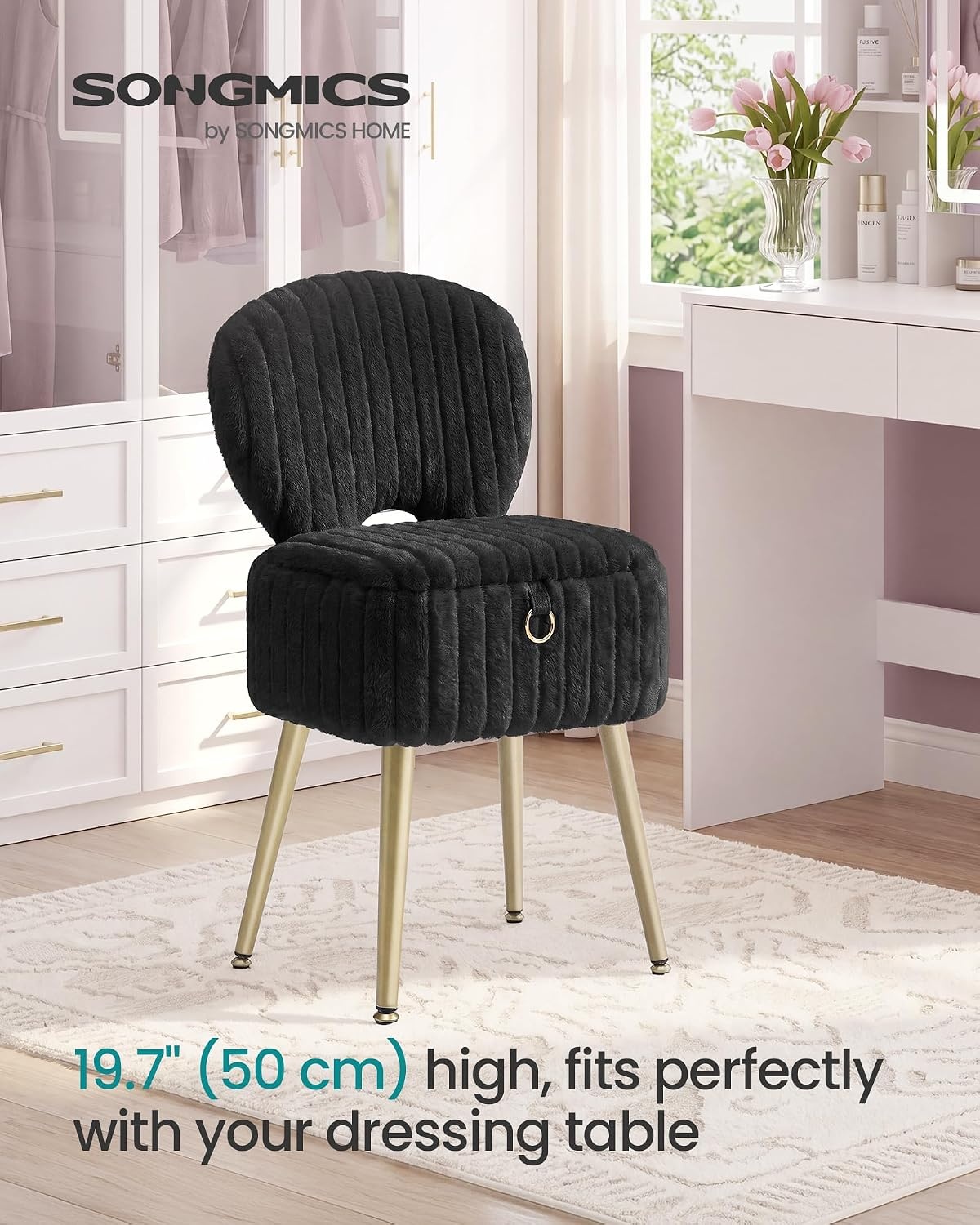 image:imageSONGMICS Vanity Chair Makeup Stool with Folding BackrestInk Black