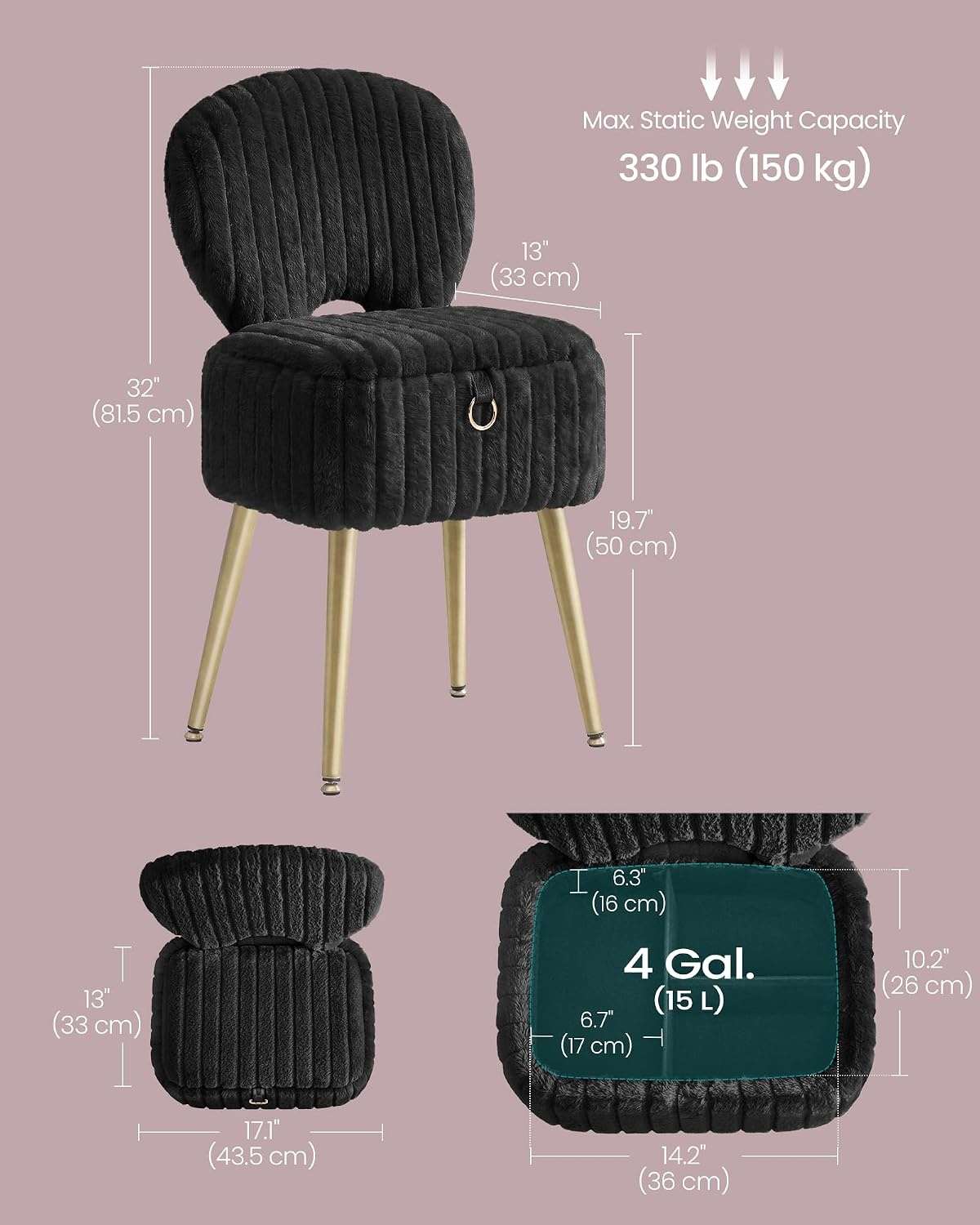 image:imageSONGMICS Vanity Chair Makeup Stool with Folding BackrestInk Black