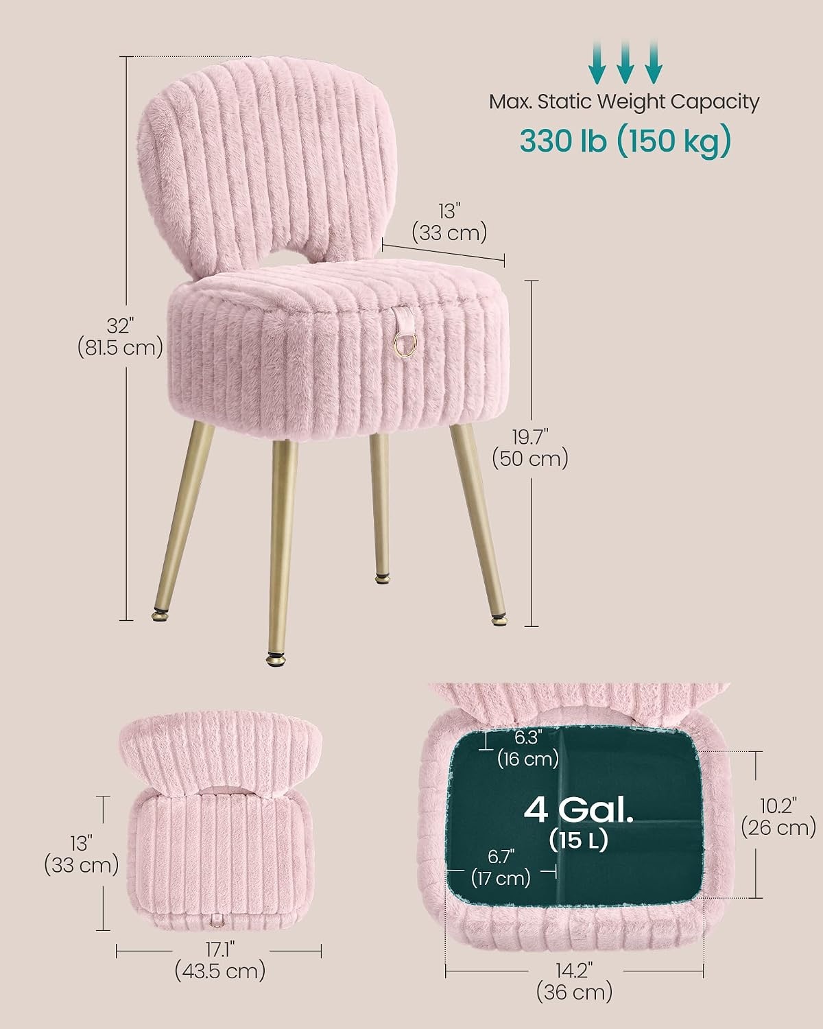 image:imageSONGMICS Vanity Chair Makeup Stool with Folding BackrestJelly Pink