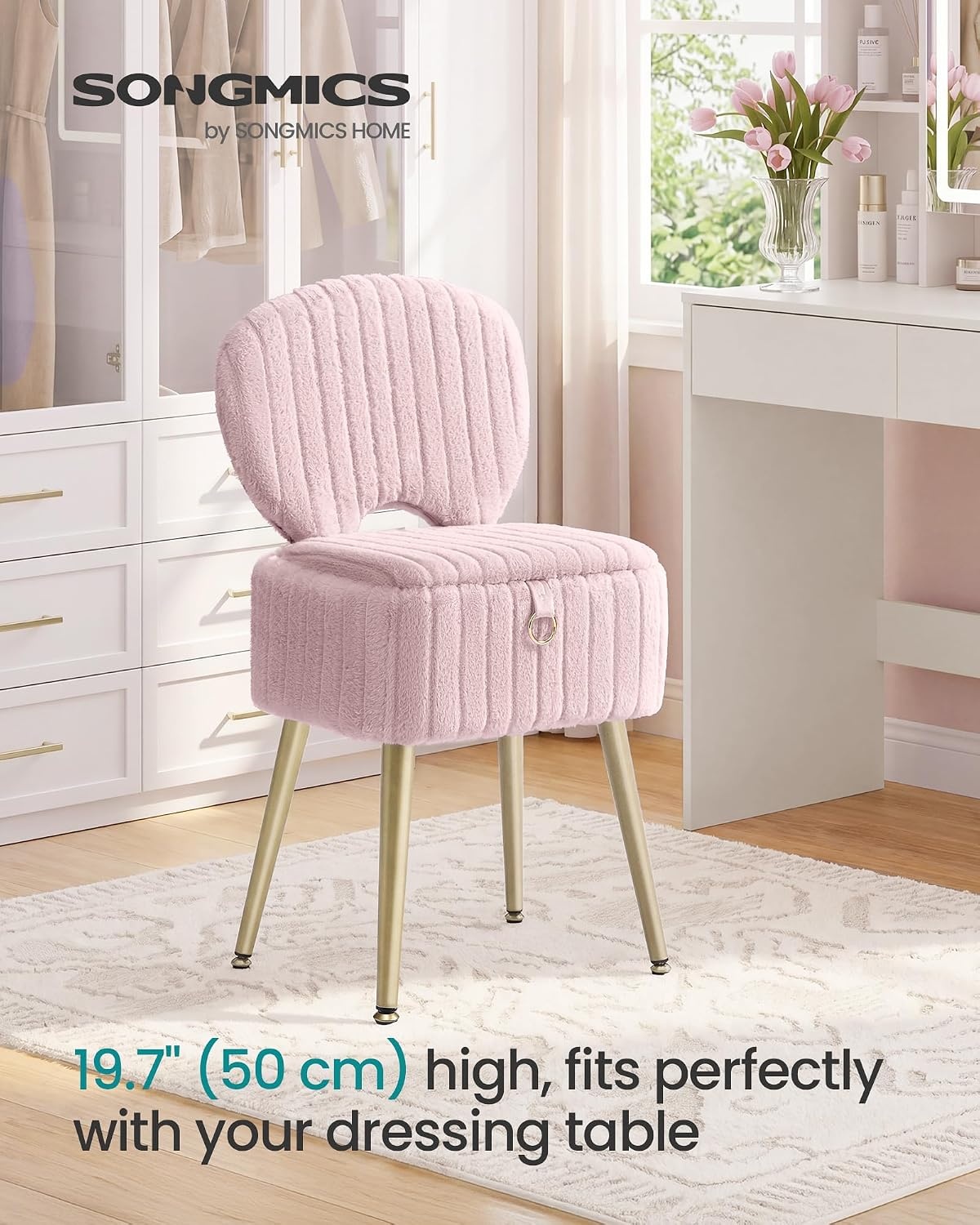 image:imageSONGMICS Vanity Chair Makeup Stool with Folding BackrestJelly Pink