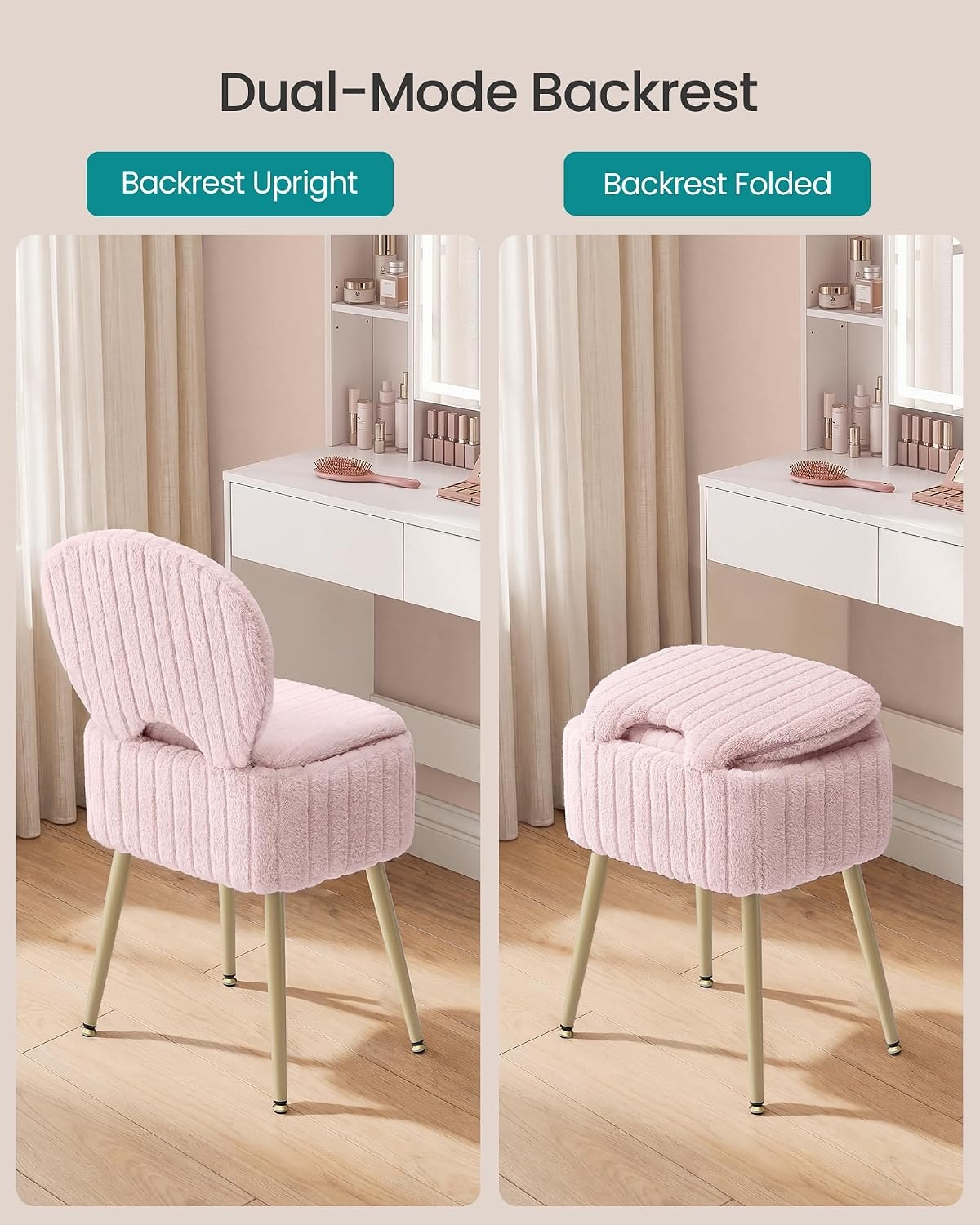 image:imageSONGMICS Vanity Chair Makeup Stool with Folding BackrestJelly Pink