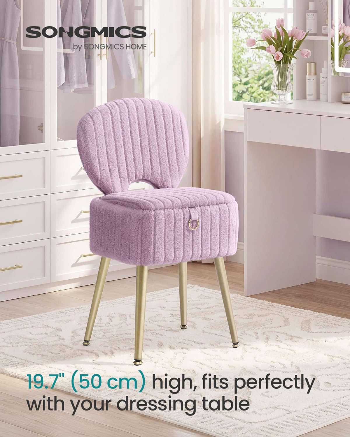 image:imageSONGMICS Vanity Chair Makeup Stool with Folding BackrestLight Lilac