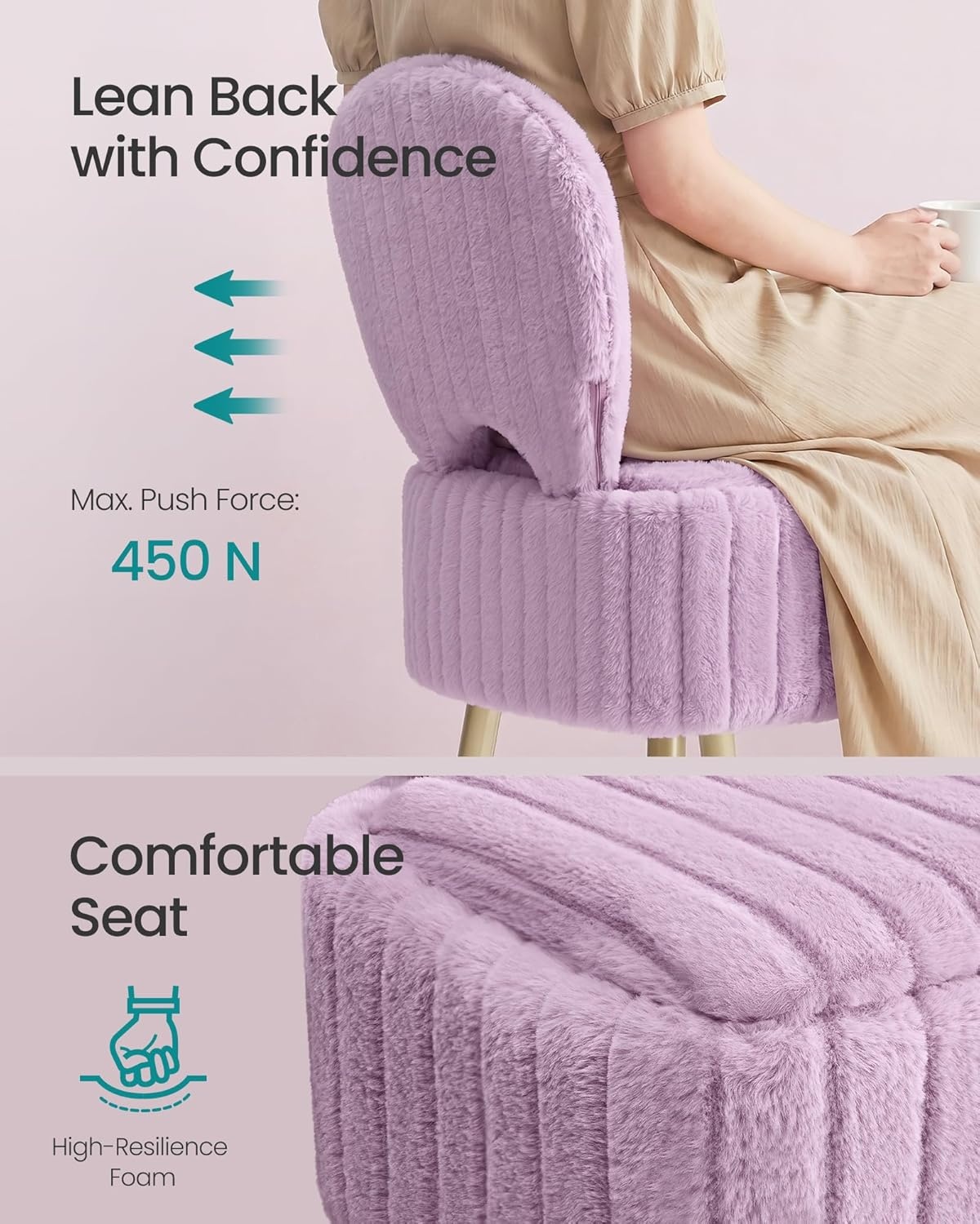 image:imageSONGMICS Vanity Chair Makeup Stool with Folding BackrestLight Lilac