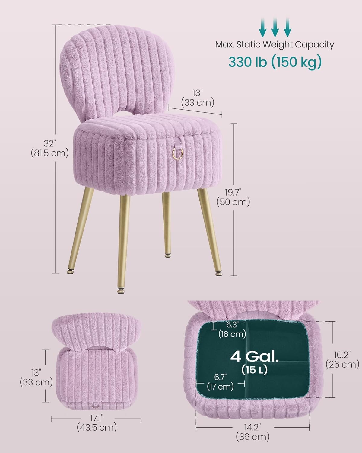image:imageSONGMICS Vanity Chair Makeup Stool with Folding BackrestLight Lilac