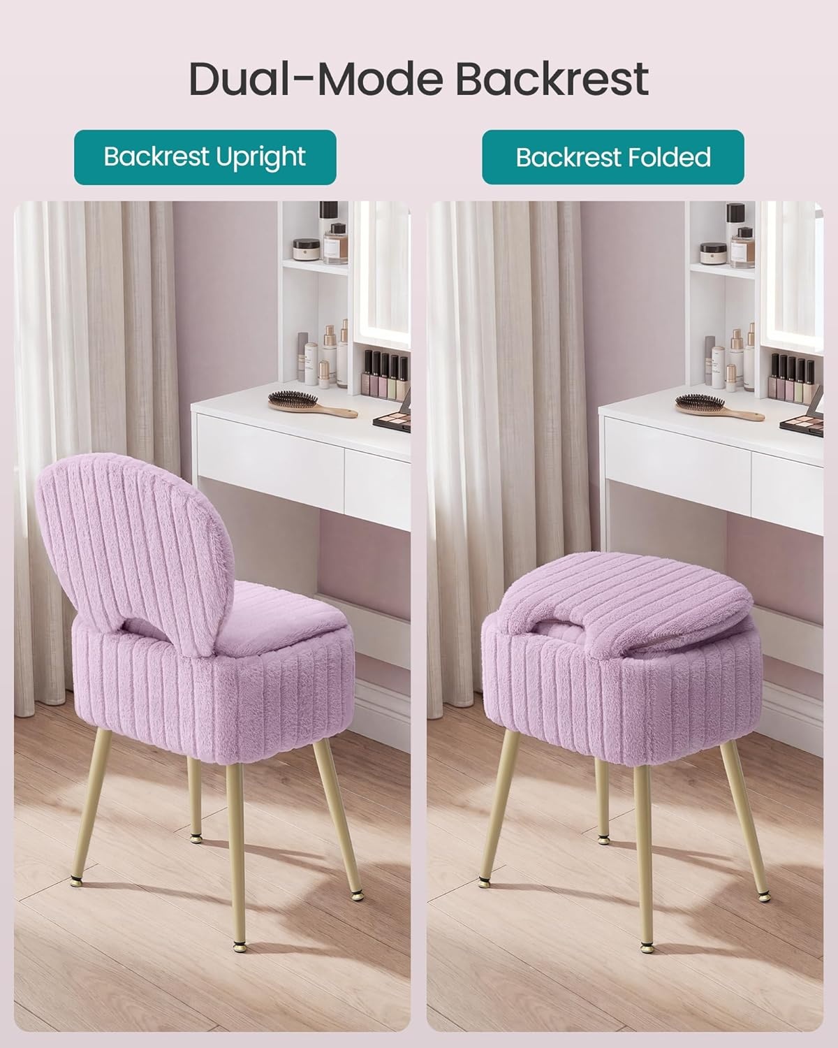 image:imageSONGMICS Vanity Chair Makeup Stool with Folding BackrestLight Lilac