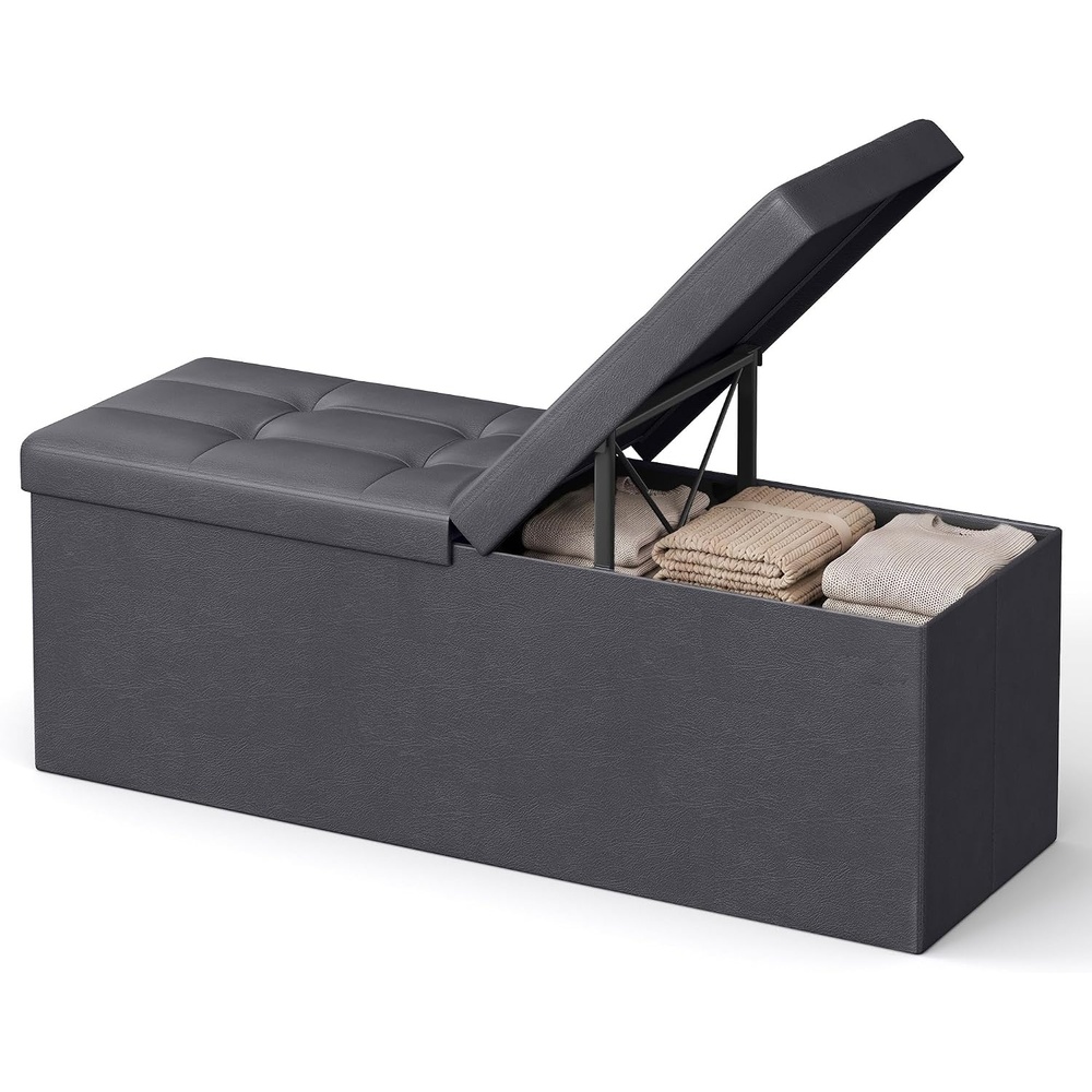 image:imageSONGMICS HOME Foldable Foot Rest Stool Storage Ottoman Tufted Design PU Leather for Entryway Living Room 302 Inches BrownDark Gray