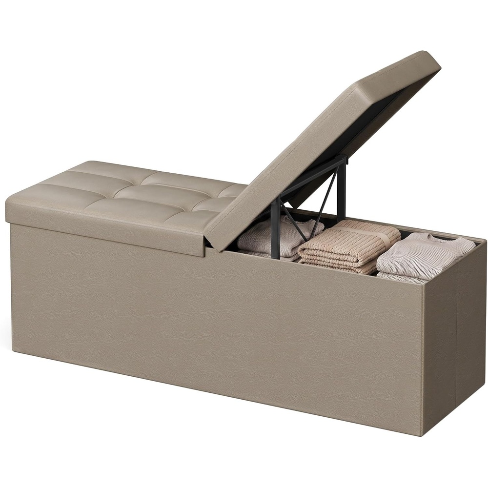 image:imageSONGMICS HOME Foldable Foot Rest Stool Storage Ottoman Tufted Design PU Leather for Entryway Living Room 302 Inches BrownKhaki