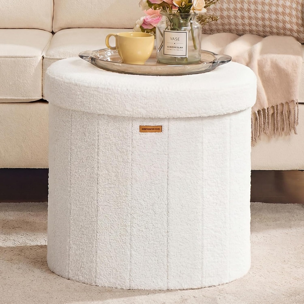 image:imageSONGMICS Storage Ottoman Round PU Vanity Stool 185 x 185 x 177 InchCream White