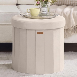 SONGMICS Storage Ottoman Round PU Vanity Stool, 18.5 x 18.5 x 17.7 Inch(Cappuccino White)