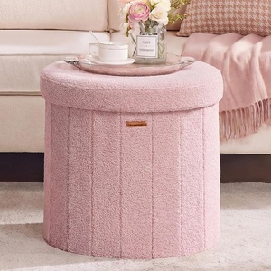 SONGMICS Storage Ottoman Round PU Vanity Stool, 18.5 x 18.5 x 17.7 Inch(Jelly Pink)