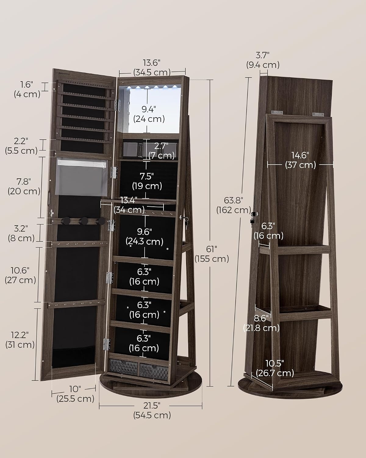 image:imageSONGMICS 6 LEDs Mirror Jewelry Cabinet Organizer 360 Swivel LockableAsh Brown Black
