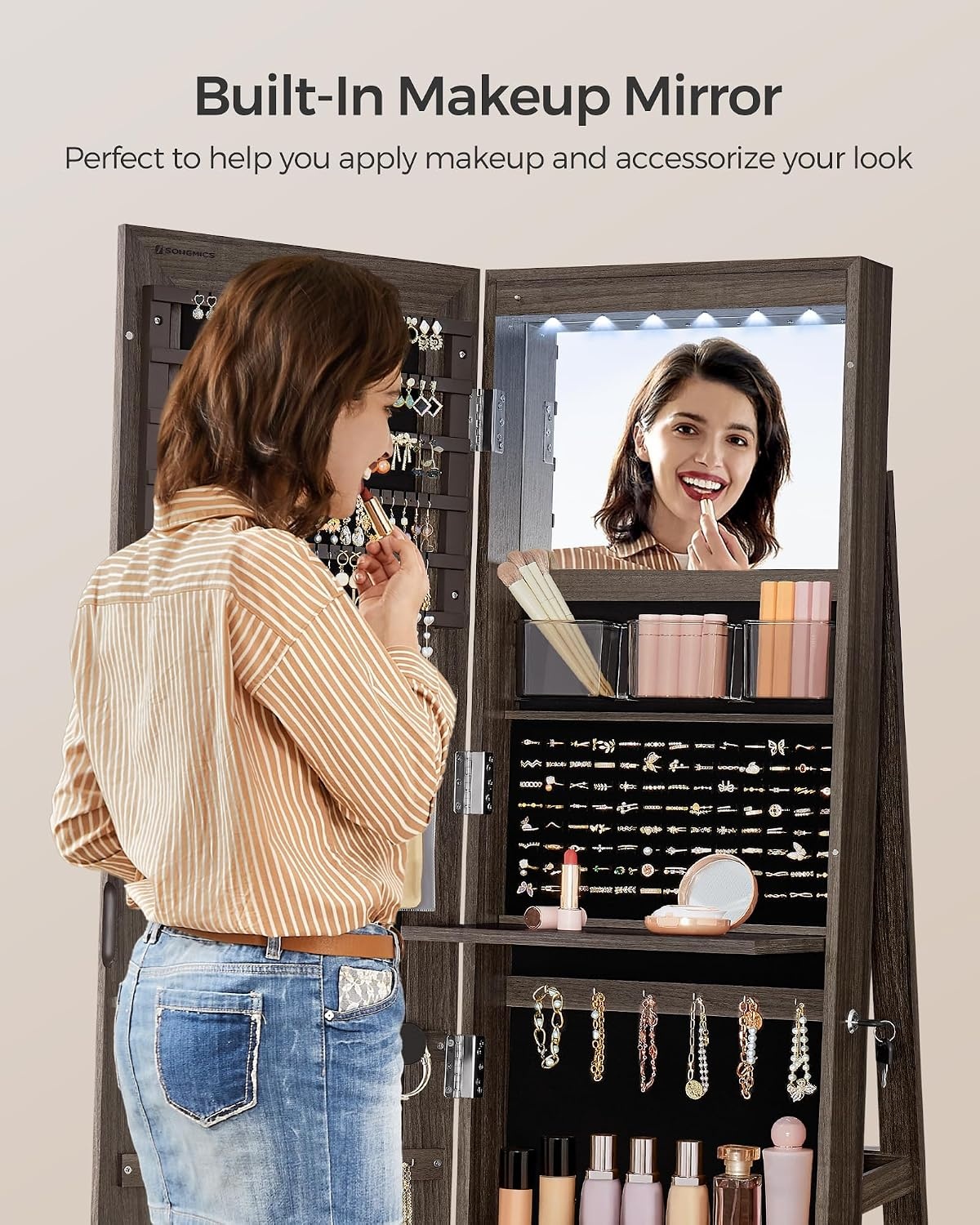 image:imageSONGMICS 6 LEDs Mirror Jewelry Cabinet Organizer 360 Swivel LockableAsh Brown Black