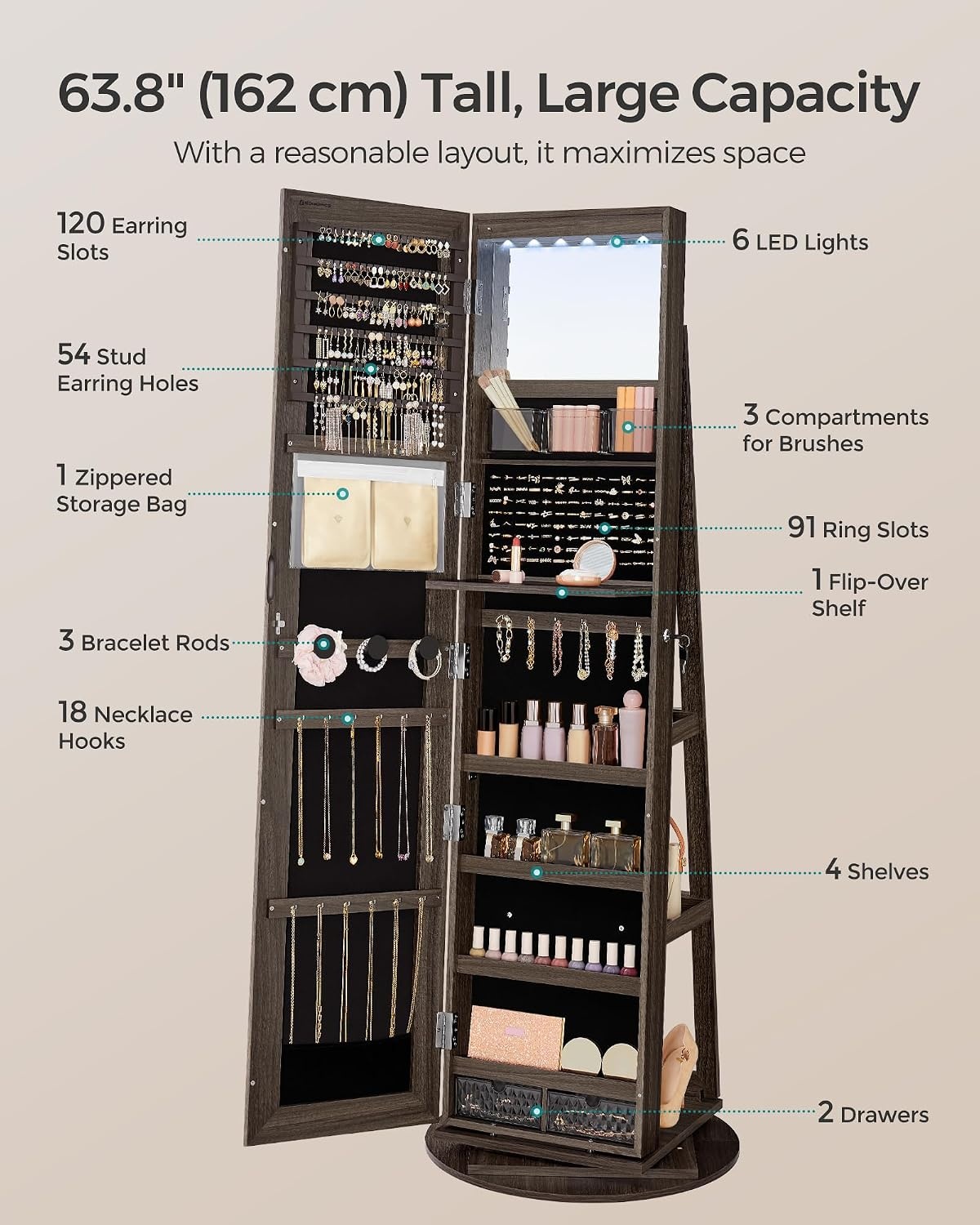 image:imageSONGMICS 6 LEDs Mirror Jewelry Cabinet Organizer 360 Swivel LockableAsh Brown Black