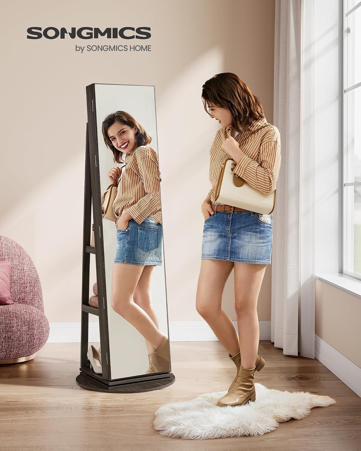 image:imageSONGMICS 6 LEDs Mirror Jewelry Cabinet Organizer 360 Swivel LockableAsh Brown Black
