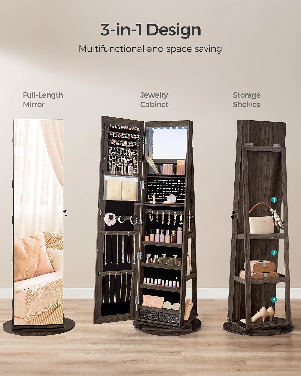image:imageSONGMICS 6 LEDs Mirror Jewelry Cabinet Organizer 360 Swivel LockableAsh Brown Black