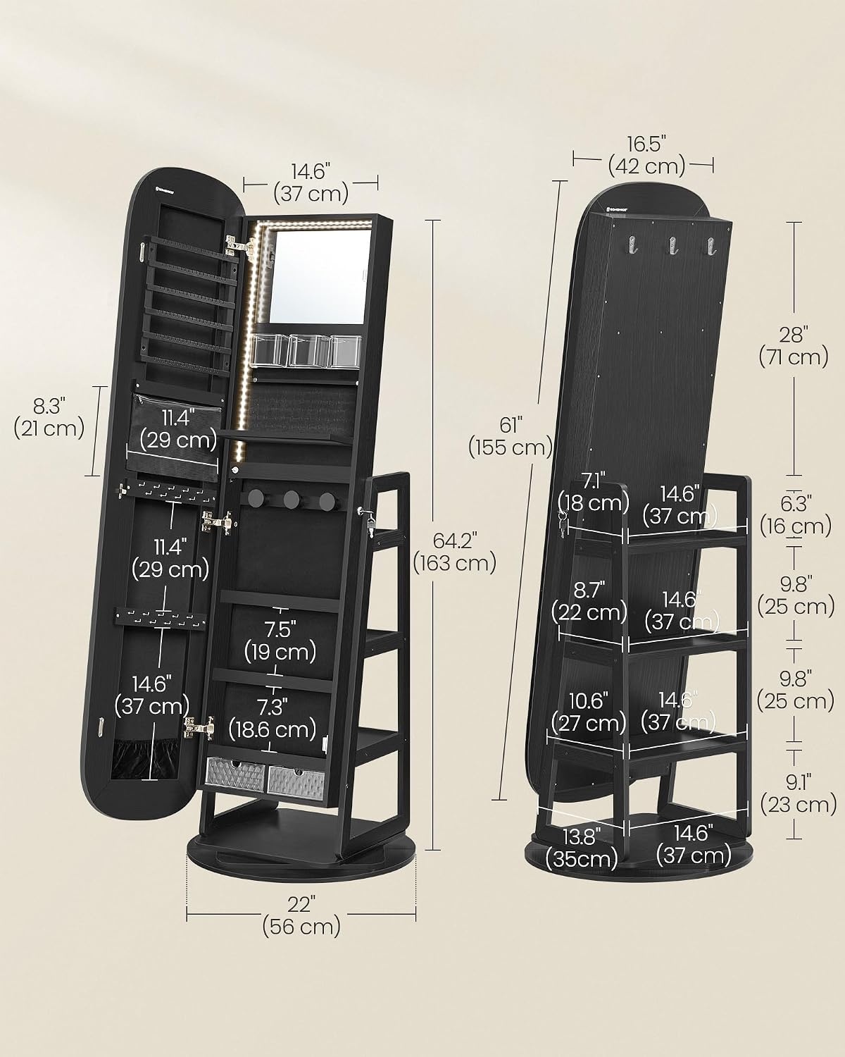 image:imageSONGMICS 6 LEDs Mirror Jewelry Cabinet Organizer 360 Swivel LockableBlack