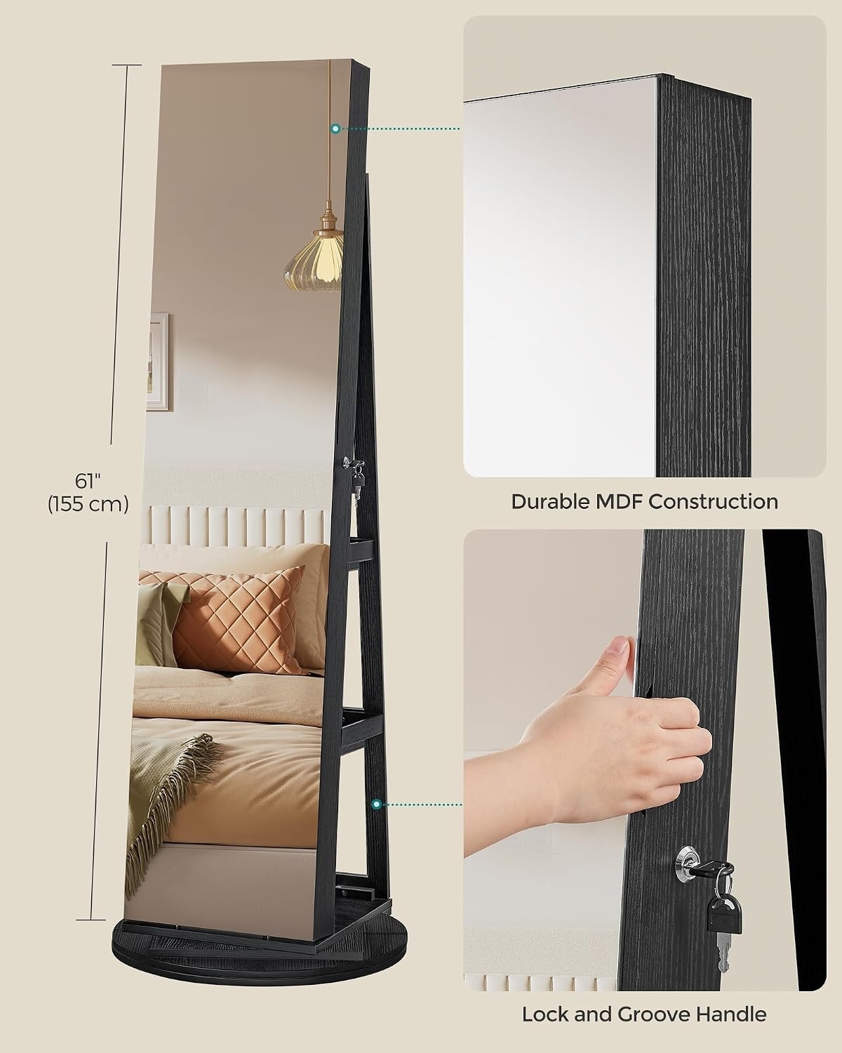 image:imageSONGMICS 6 LEDs Mirror Jewelry Cabinet Organizer 360 Swivel LockableBlack