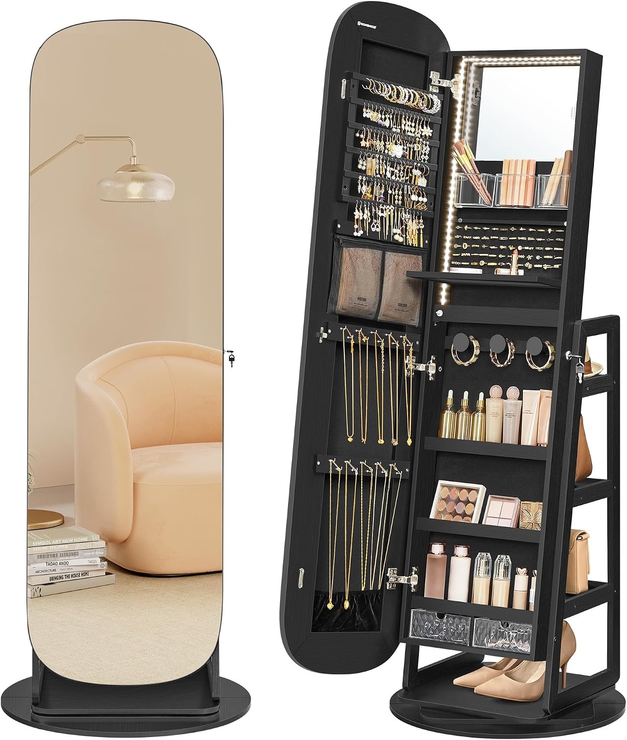 image:imageSONGMICS 6 LEDs Mirror Jewelry Cabinet Organizer 360 Swivel LockableBlack