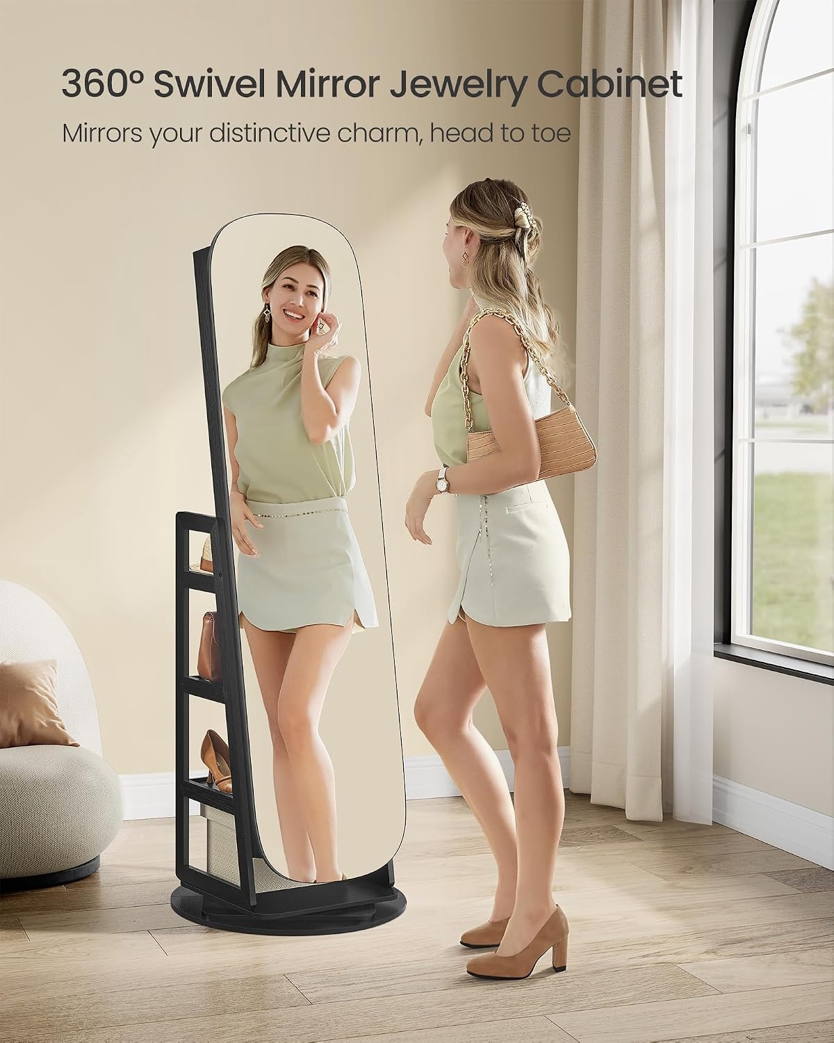 image:imageSONGMICS 6 LEDs Mirror Jewelry Cabinet Organizer 360 Swivel LockableBlack