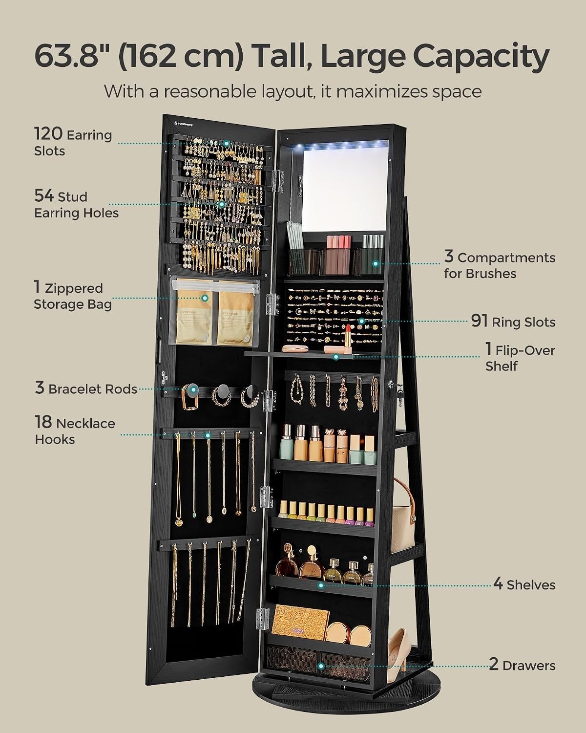 image:imageSONGMICS 6 LEDs Mirror Jewelry Cabinet Organizer 360 Swivel LockableBlack