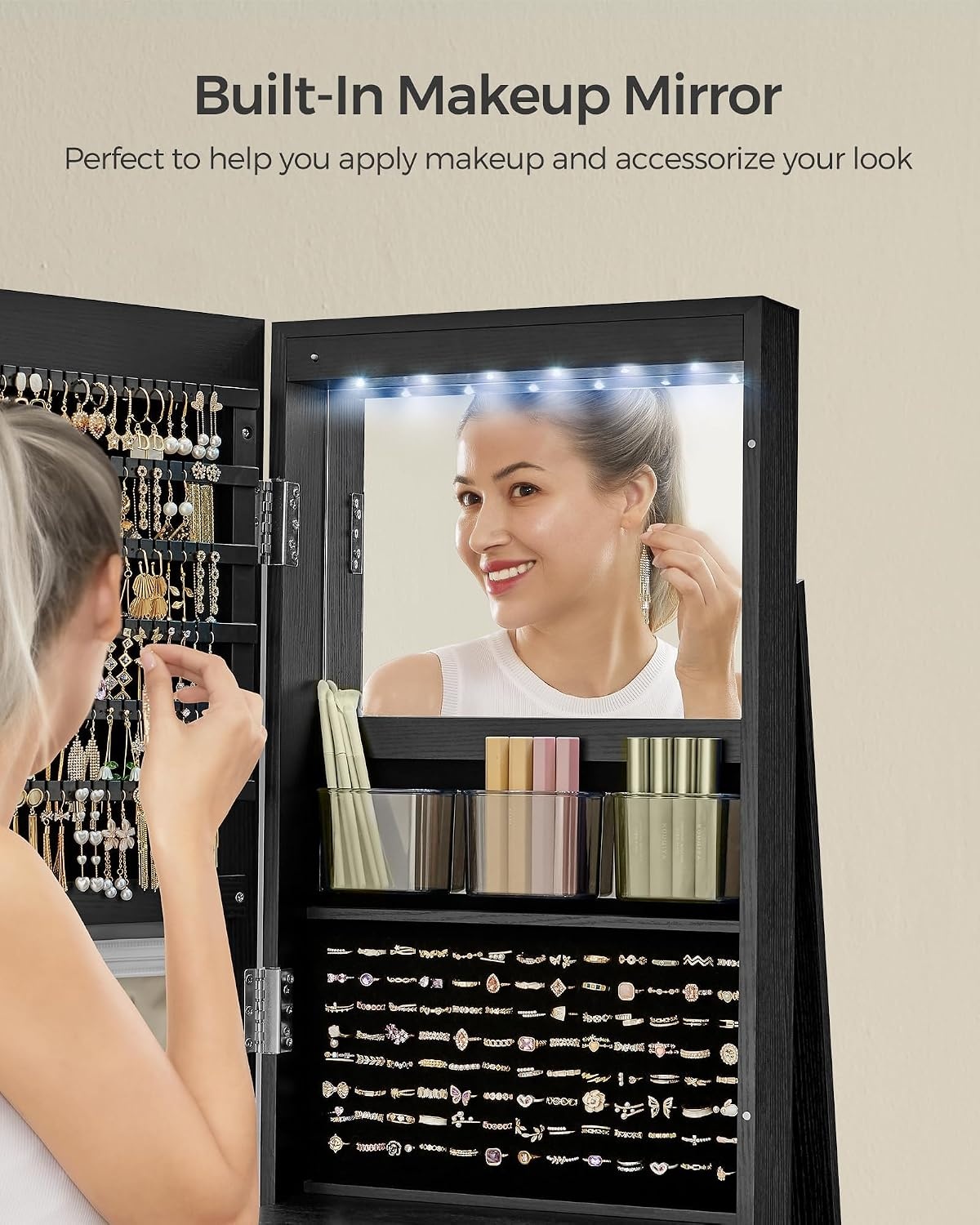 image:imageSONGMICS 6 LEDs Mirror Jewelry Cabinet Organizer 360 Swivel LockableBlack