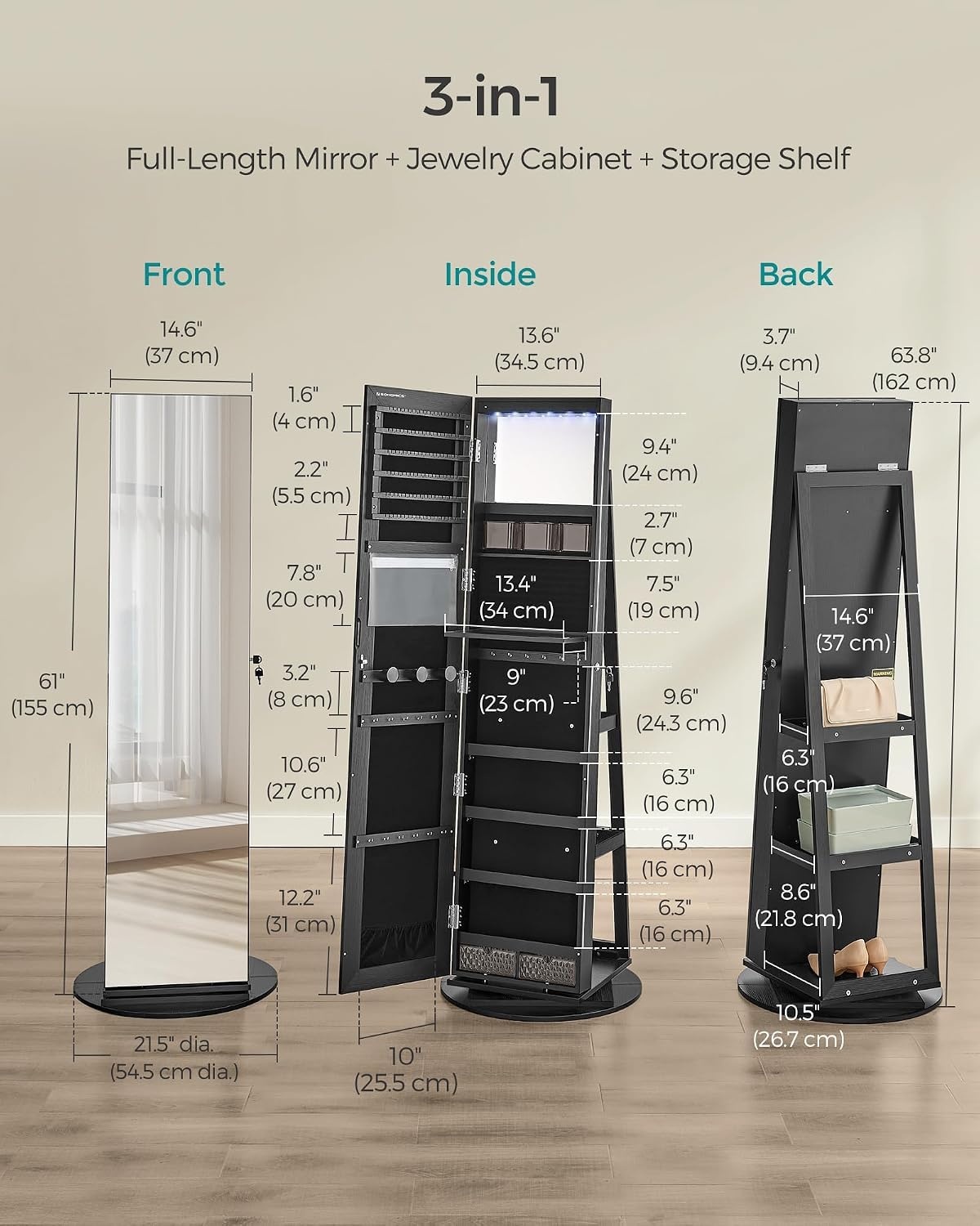 image:imageSONGMICS 6 LEDs Mirror Jewelry Cabinet Organizer 360 Swivel LockableBlack