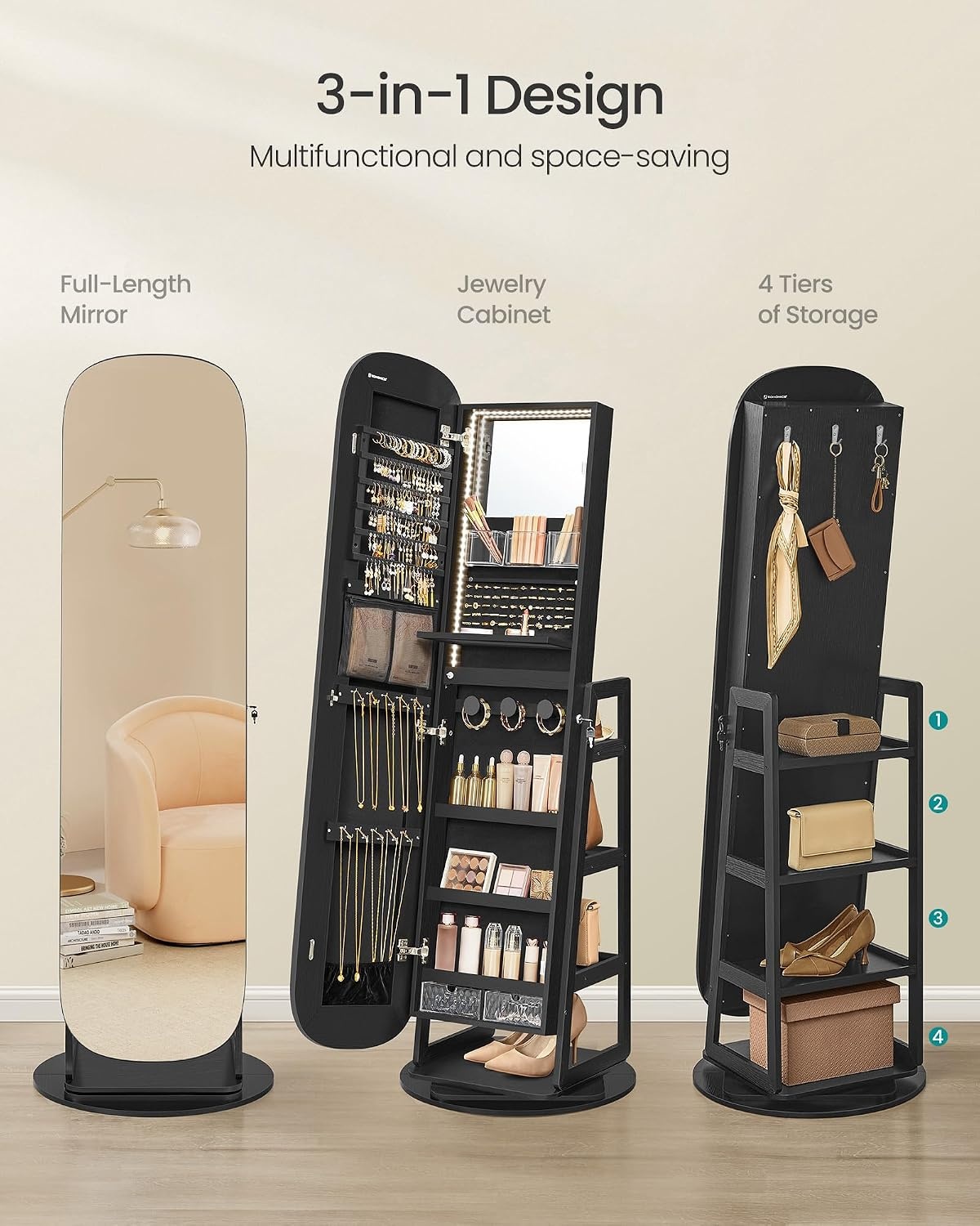 image:imageSONGMICS 6 LEDs Mirror Jewelry Cabinet Organizer 360 Swivel LockableBlack