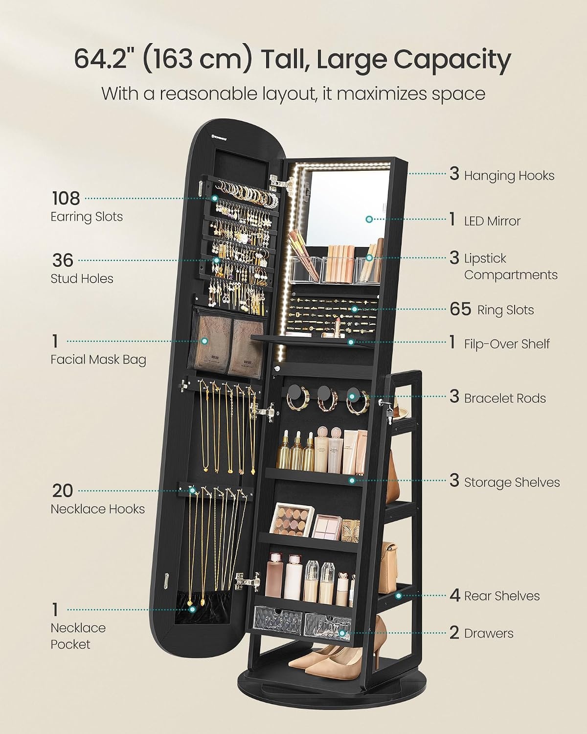 image:imageSONGMICS 6 LEDs Mirror Jewelry Cabinet Organizer 360 Swivel LockableBlack
