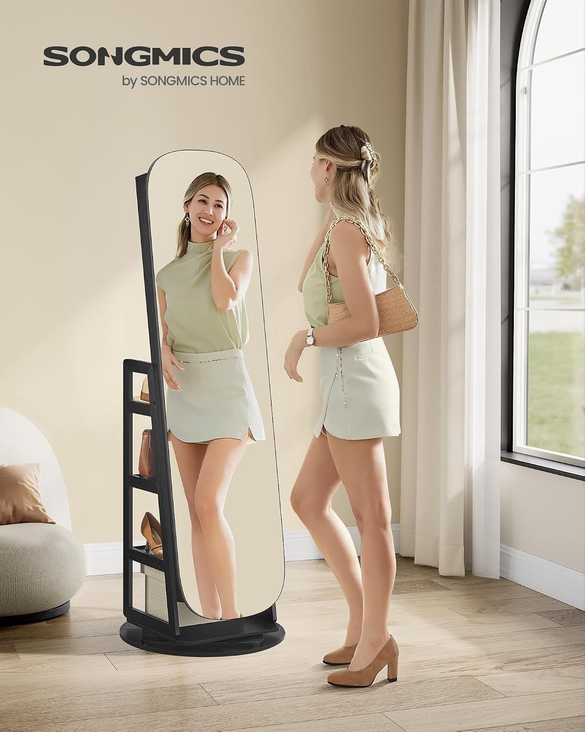 image:imageSONGMICS 6 LEDs Mirror Jewelry Cabinet Organizer 360 Swivel LockableBlack