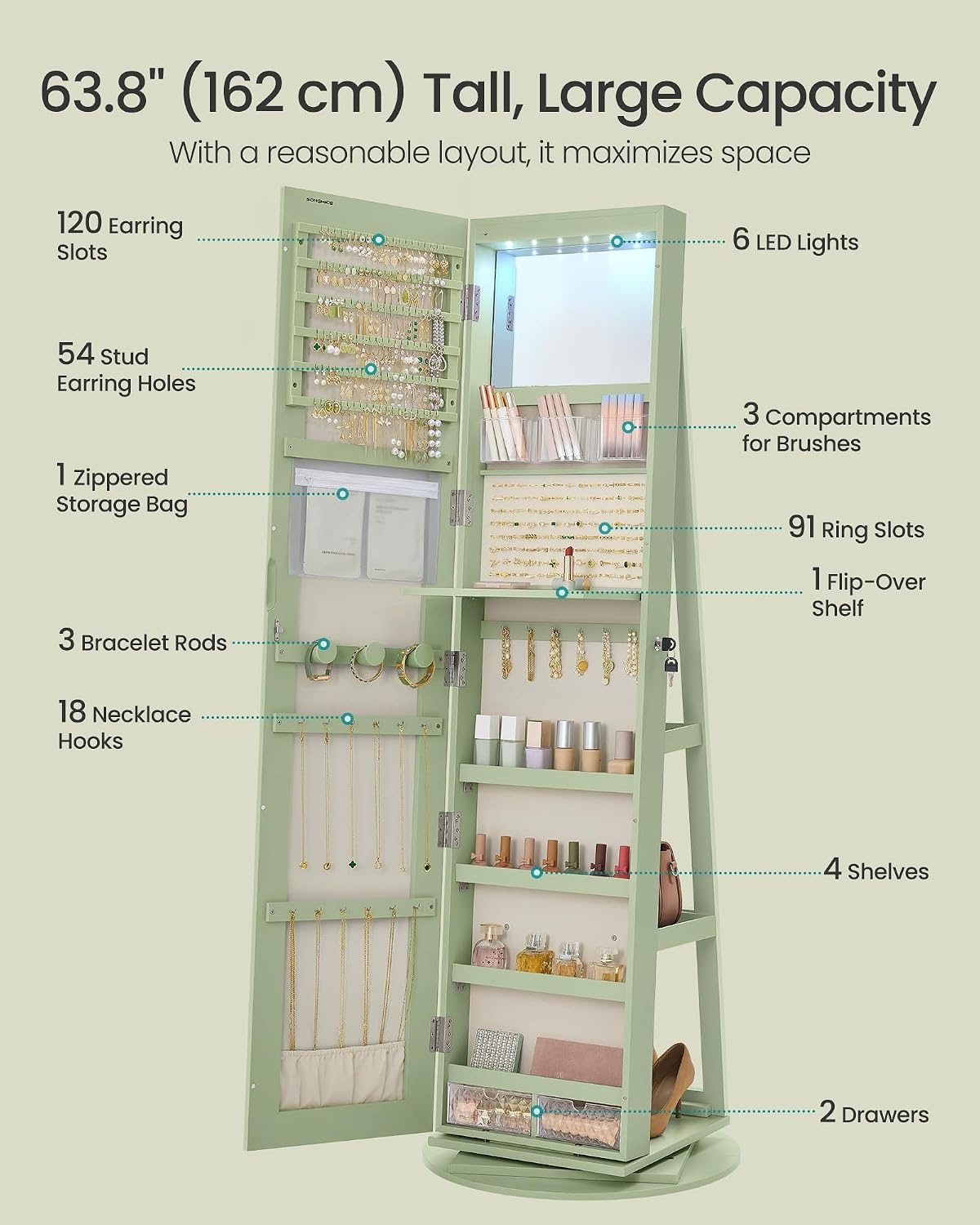 image:imageSONGMICS 6 LEDs Mirror Jewelry Cabinet Organizer 360 Swivel LockableLaurel Green Cream White