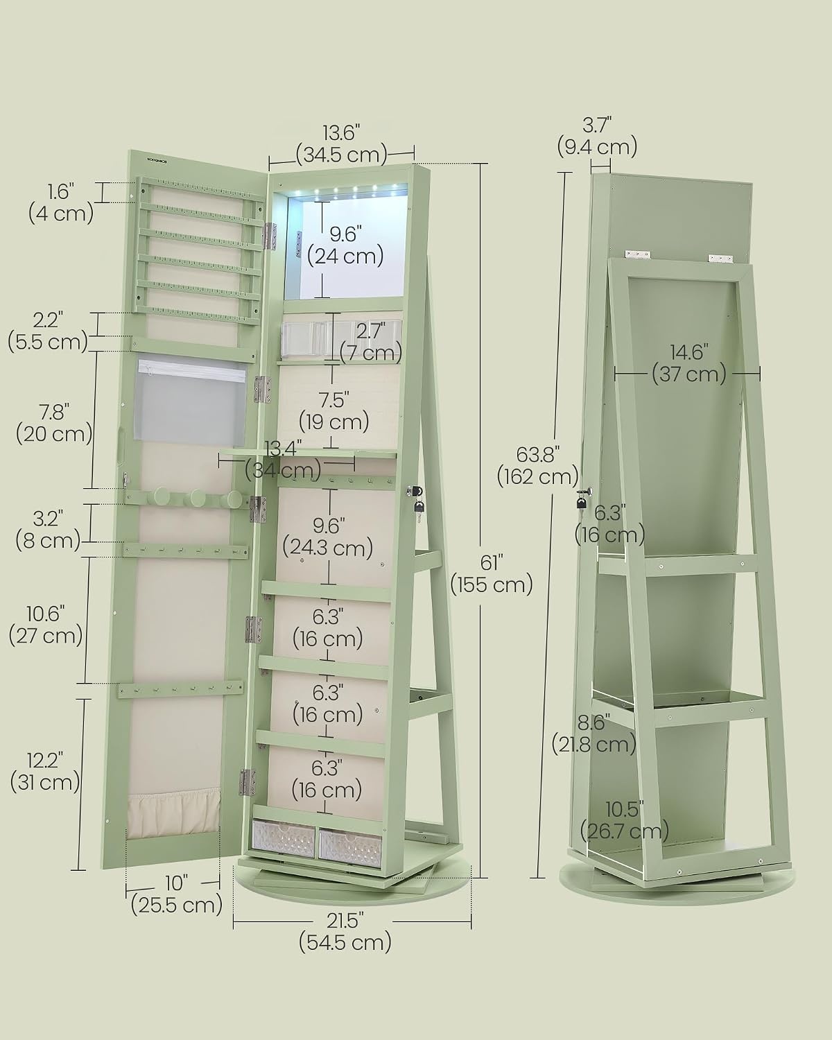 image:imageSONGMICS 6 LEDs Mirror Jewelry Cabinet Organizer 360 Swivel LockableLaurel Green Cream White