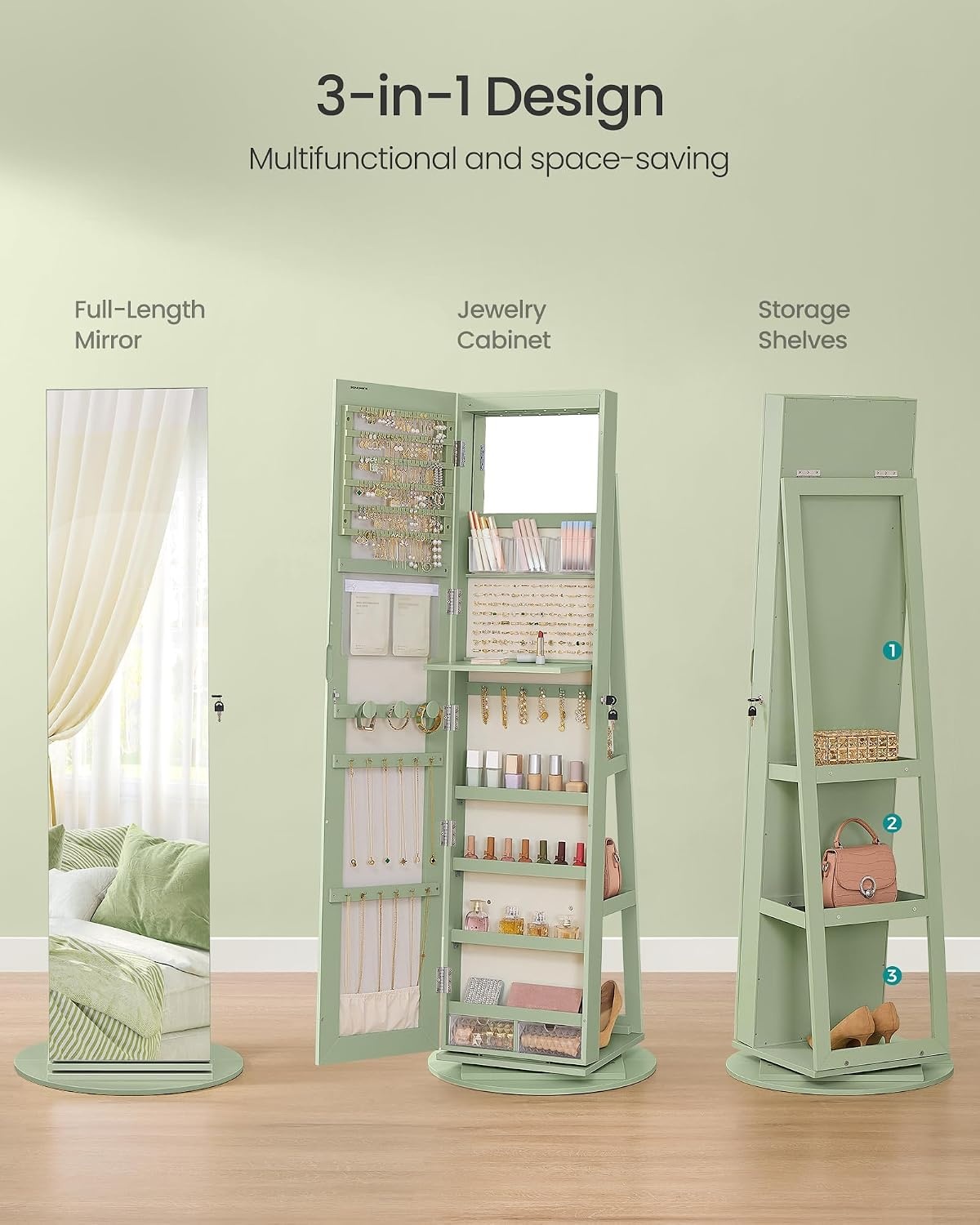image:imageSONGMICS 6 LEDs Mirror Jewelry Cabinet Organizer 360 Swivel LockableLaurel Green Cream White