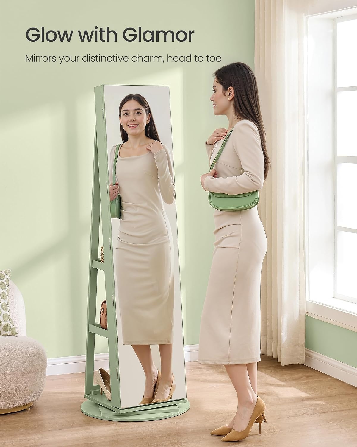 image:imageSONGMICS 6 LEDs Mirror Jewelry Cabinet Organizer 360 Swivel LockableLaurel Green Cream White