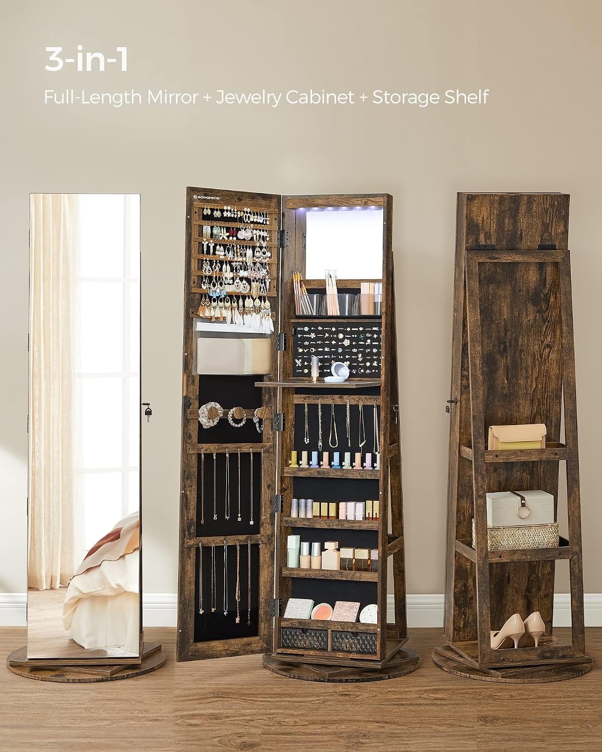 image:imageSONGMICS 6 LEDs Mirror Jewelry Cabinet Organizer 360 Swivel LockableRustic Brown