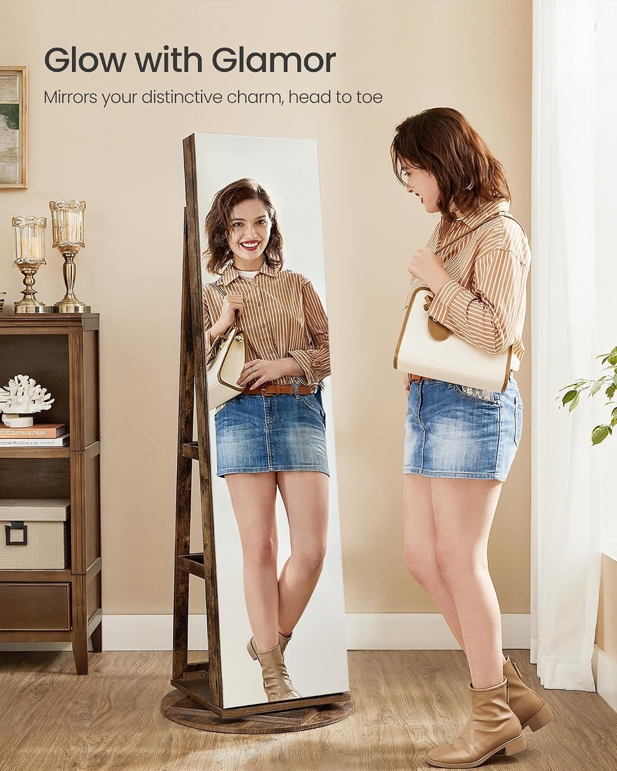 image:imageSONGMICS 6 LEDs Mirror Jewelry Cabinet Organizer 360 Swivel LockableRustic Brown