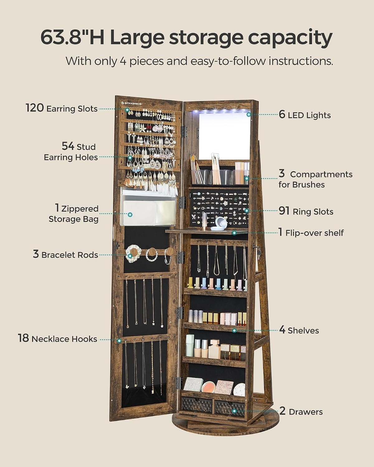 image:imageSONGMICS 6 LEDs Mirror Jewelry Cabinet Organizer 360 Swivel LockableRustic Brown