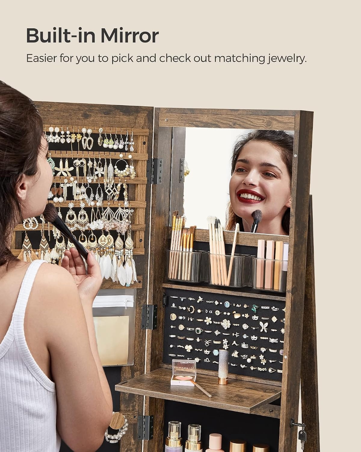 image:imageSONGMICS 6 LEDs Mirror Jewelry Cabinet Organizer 360 Swivel LockableRustic Brown