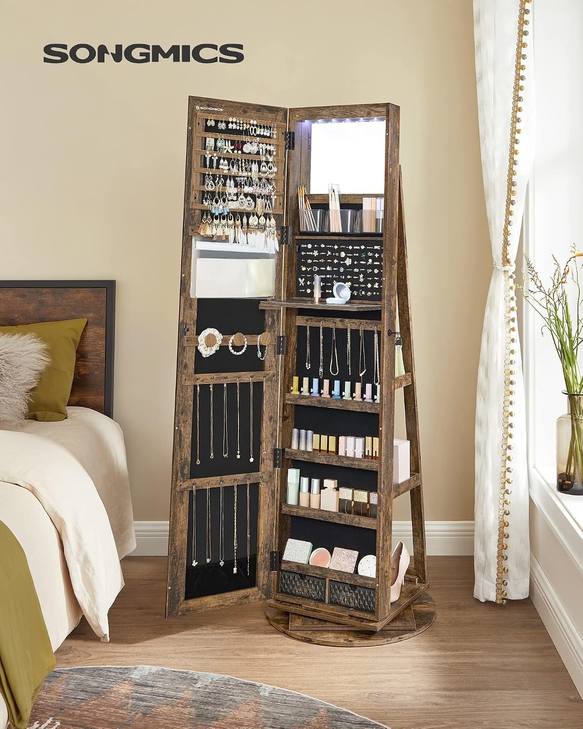image:imageSONGMICS 6 LEDs Mirror Jewelry Cabinet Organizer 360 Swivel LockableRustic Brown