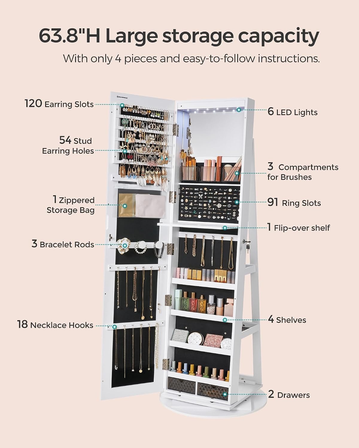 image:imageSONGMICS 6 LEDs Mirror Jewelry Cabinet Organizer 360 Swivel LockableWhite Black