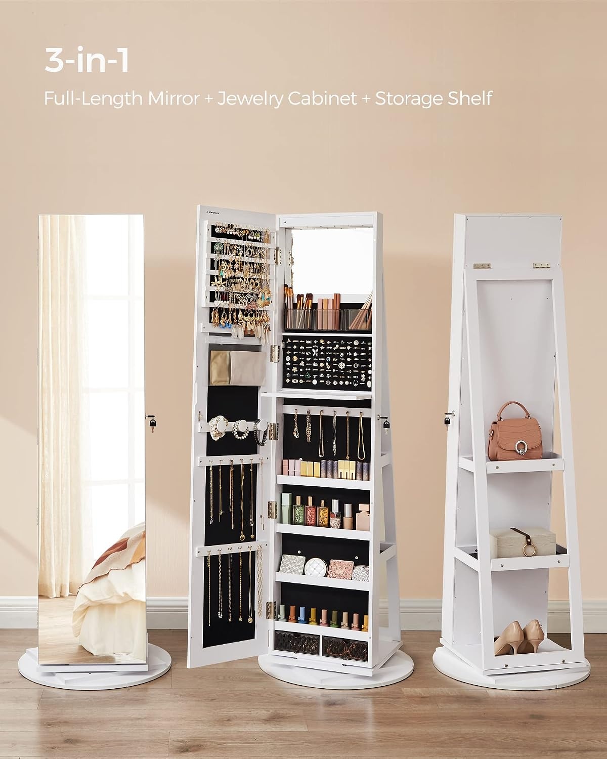 image:imageSONGMICS 6 LEDs Mirror Jewelry Cabinet Organizer 360 Swivel LockableWhite Black