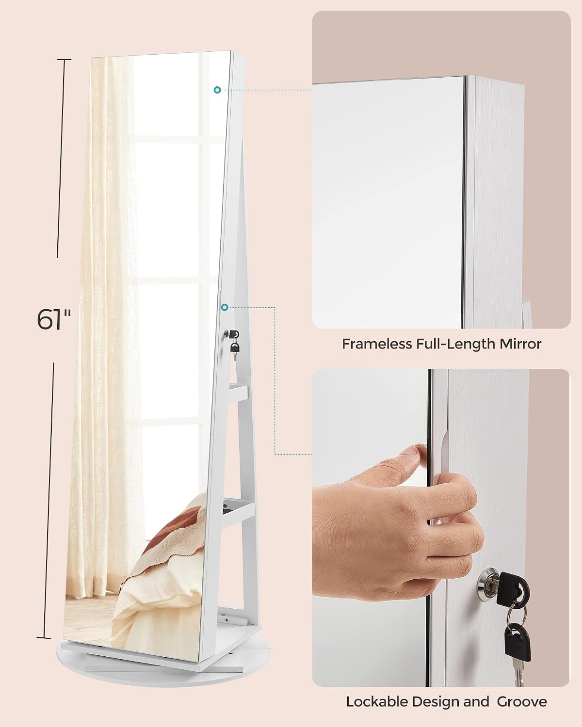 image:imageSONGMICS 6 LEDs Mirror Jewelry Cabinet Organizer 360 Swivel LockableWhite Black