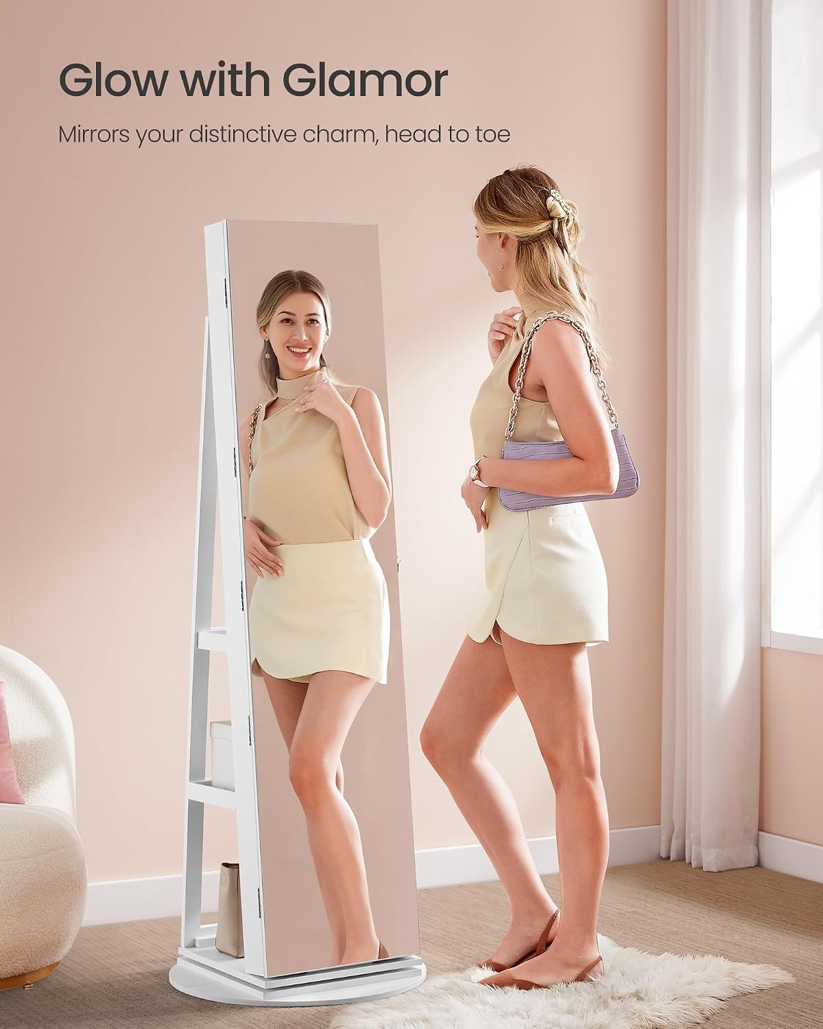 image:imageSONGMICS 6 LEDs Mirror Jewelry Cabinet Organizer 360 Swivel LockableWhite Greige